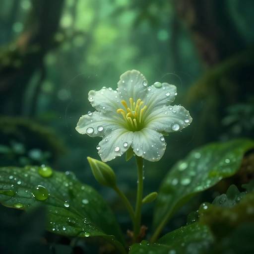 Photograph of a delicate white flower with dewdrops, centered in a lush, green forest background, softly blurred for depth.