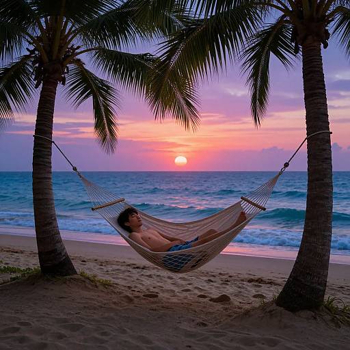 Photograph of a shirtless man relaxing in a hammock between two palm trees at sunset on a beach with a vibrant orange and purple sky.