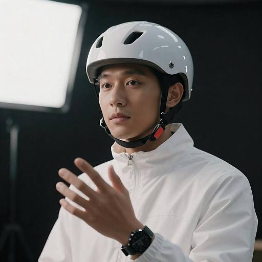 Focused Portrait in White Helmet