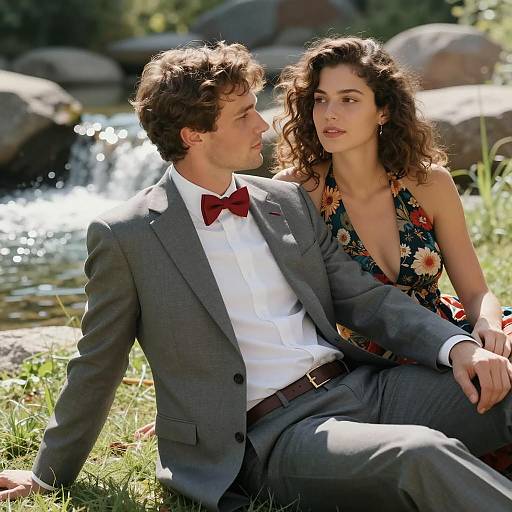 Couple by Waterfall in Sunlight