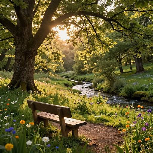 Photograph of a wooden bench by a sunlit, meandering stream in a vibrant, flower-filled forest, with tall trees and golden sunlight filtering through