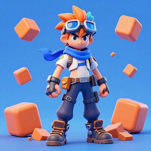 CGI cartoon of an orange-haired boy in goggles, blue scarf, white shirt, black pants, and boots, standing amidst floating orange blocks.