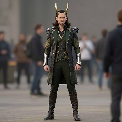 Photograph of a man with long black hair, wearing a black and green fantasy outfit with gold horns, standing confidently in a blurred outdoor urban setting.