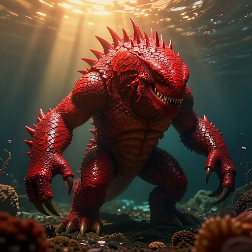 Photorealistic CGI of a massive, red, scaly, spiked monster with sharp teeth, standing on a dark ocean floor beneath sunlight beams.