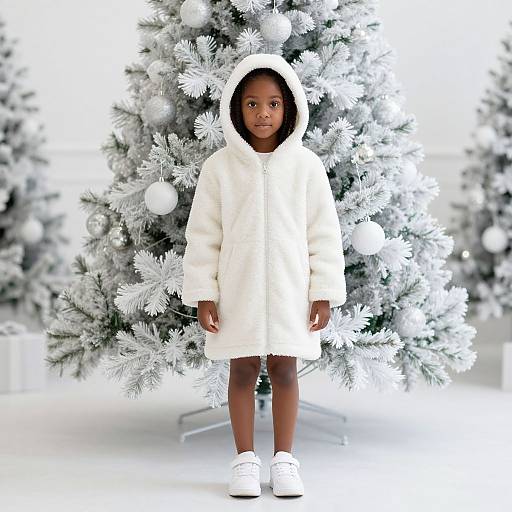 Photograph of a young Black girl standing in front of a frosted Christmas tree, wearing a white fur hooded coat and white sneakers.
