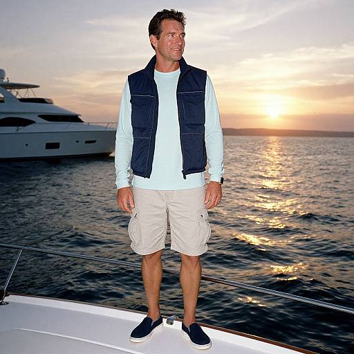 Photograph of a smiling man in a white shirt, black vest, and beige shorts standing on a boat at sunset with a yacht in the background.
