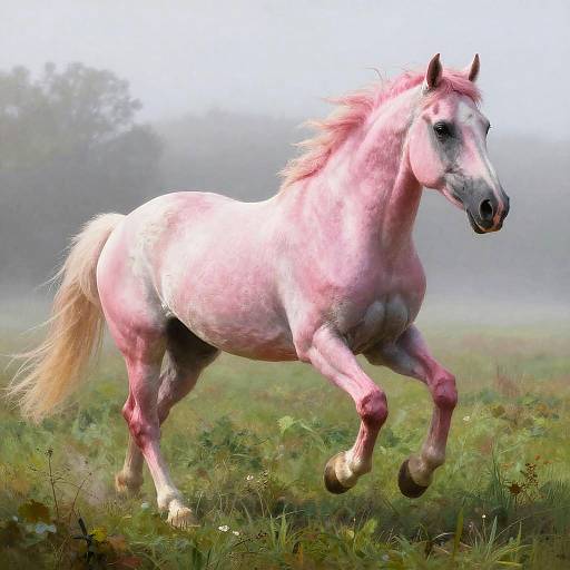 Photograph of a vibrant pink horse with a flowing mane, running through a misty, grassy field, with trees in the background.
