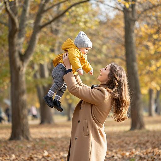 Photograph of a smiling woman in a tan coat holding a bundled-up baby in a yellow coat and gray hat, in an autumn park with fallen leaves