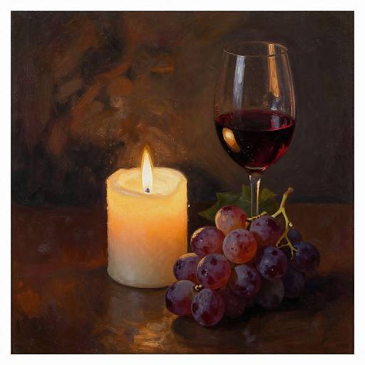 Photograph of a lit candle beside a glass of red wine and a cluster of purple grapes on a dark wooden surface.