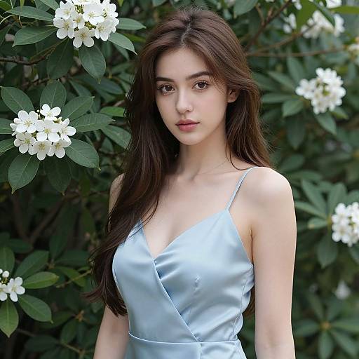 Realistic Portrait of Woman in Blue Silk Dress