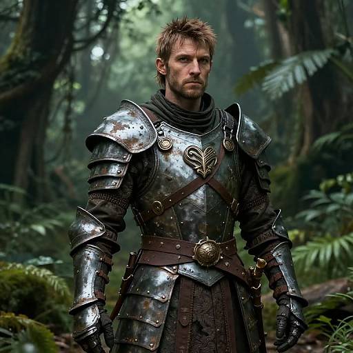 Photorealistic digital image of a rugged, blond, bearded man in silver medieval armor with a feather emblem, standing in a dense, misty