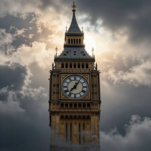 Photograph of the London Big Ben clock tower, partially obscured by clouds, with a bright sun shining through behind it.