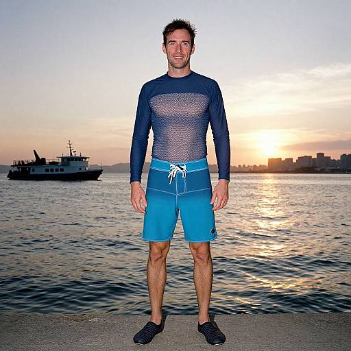 Photograph of a smiling man in a sheer blue mesh long-sleeve shirt and turquoise swim trunks, standing on a beach at sunset with a