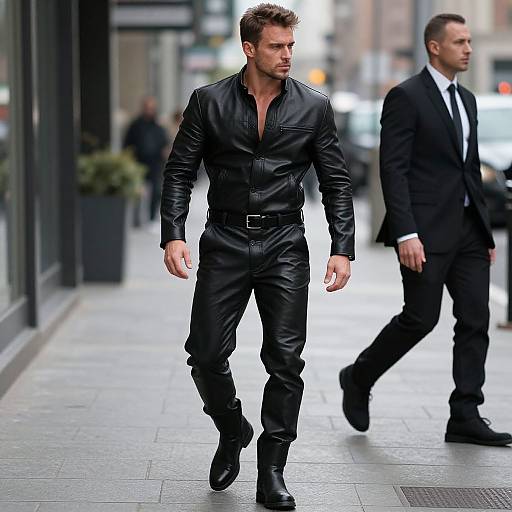 Confident Man in Black Leather Suit