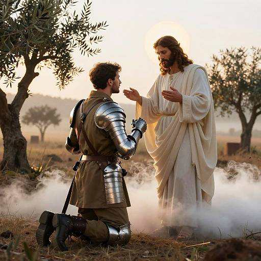 Photograph of a bearded man in white robes gesturing to a kneeling armored soldier with brown hair, in a misty, olive tree-filled field
