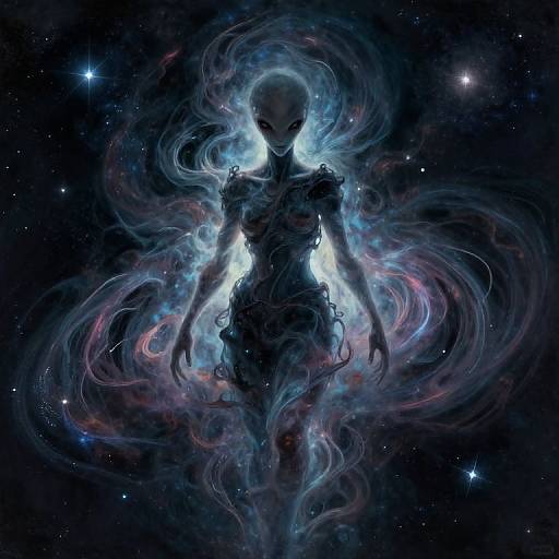 Silhouetted alien figure with glowing blue aura, swirling cosmic smoke, and starry background. Digital art with ethereal, otherworldly atmosphere
