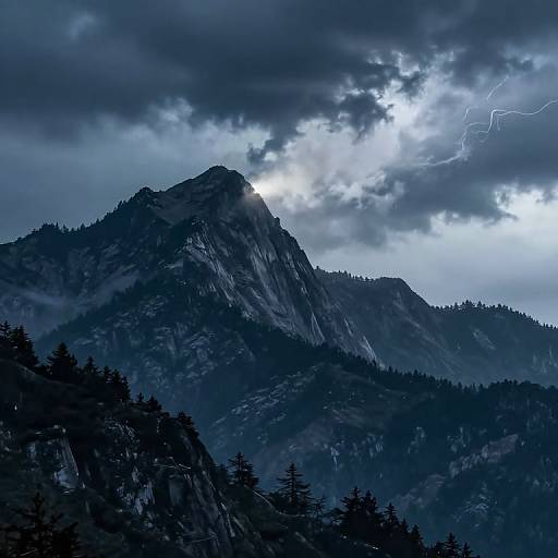 Photograph of a dark, stormy mountain landscape with jagged peaks, dense conifer trees, and a bright lightning bolt illuminating the cloudy sky