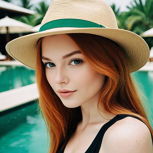 Ginger Woman in Fedora Hat by Pool