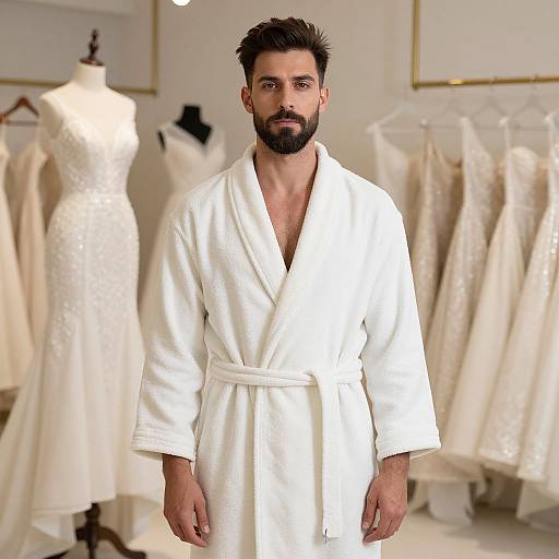 Photograph of a bearded man with short dark hair, wearing a white bathrobe, standing in a bridal boutique with several white dresses on manne