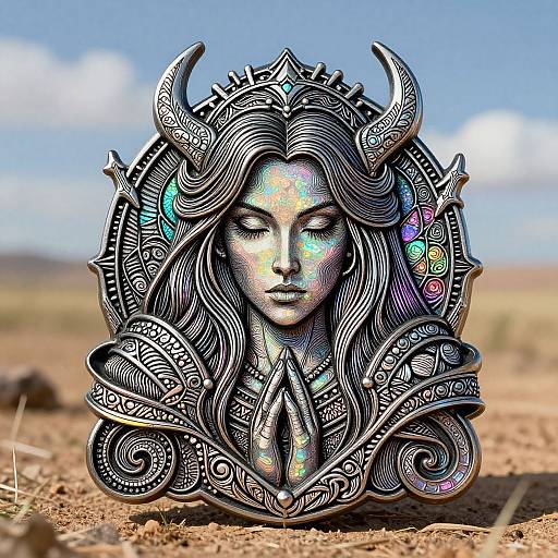 Detailed, digital artwork of a serene, horned woman with iridescent eyes and intricate, swirling patterns, set against a desert landscape.