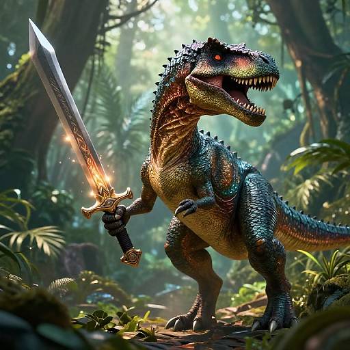 CGI image of a fierce, blue-scaled, red-eyed dinosaur wielding a glowing sword in a lush, sunlit forest. The dinosaur's mouth