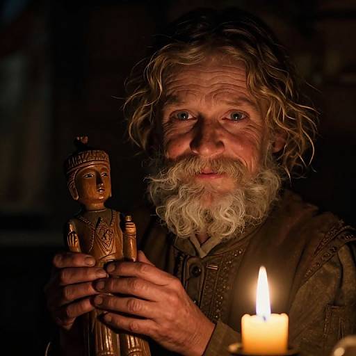 Photograph of an elderly, bearded man with curly hair, holding a wooden doll, illuminated by a candle's warm glow.