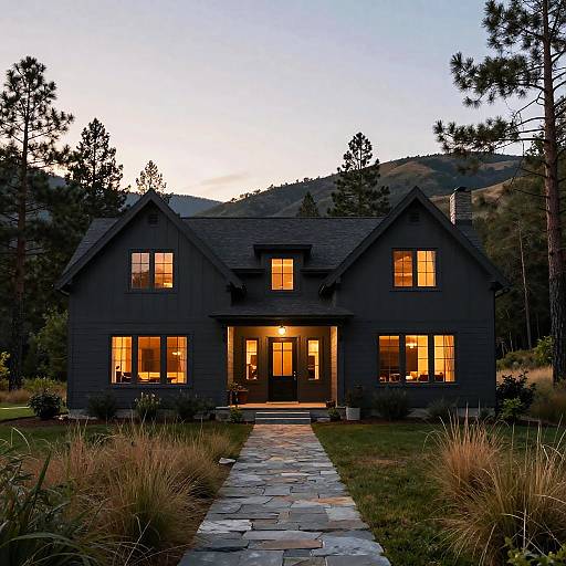Photograph of a dark gray, two-story house at dusk, illuminated by warm yellow lights. Stone pathway leads to the front door, surrounded by tall
