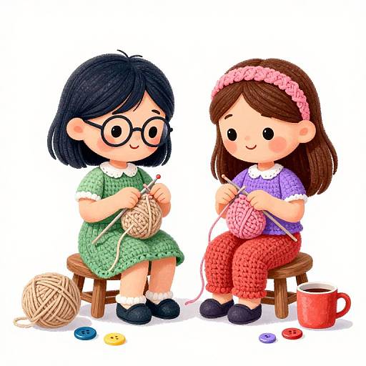 Digital cartoon of two girls knitting on wooden stools, one with black hair and glasses in green, the other with brown hair in pink headband and purple