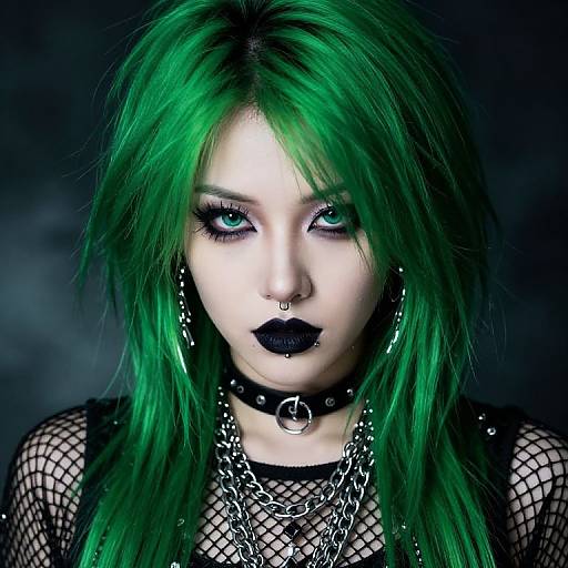 Photograph of a pale-skinned, green-haired punk woman with black lipstick, green eyes, fishnet top, black choker, and silver chains