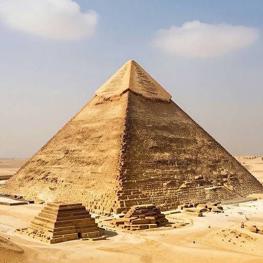 Photograph of a large, Pyramid-shaped ancient Egyptian structure with weathered stone blocks, standing in a sandy desert under a clear blue sky.
