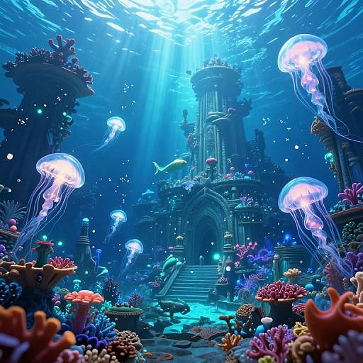 Photorealistic digital artwork of an underwater temple adorned with glowing jellyfish, colorful corals, and vibrant marine life, illuminated by sunbeams from