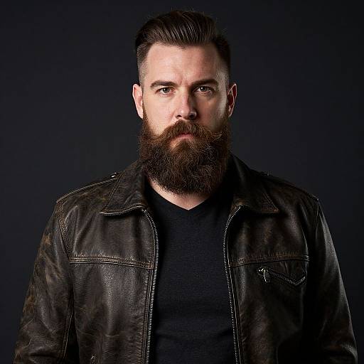Photograph of a stern-looking, bearded man with a full dark beard, wearing a black leather jacket over a black V-neck shirt, against a