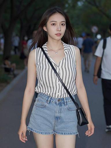 Photograph of an Asian woman with straight black hair, wearing a white striped sleeveless top, blue denim skirt, black crossbody bag, and necklace
