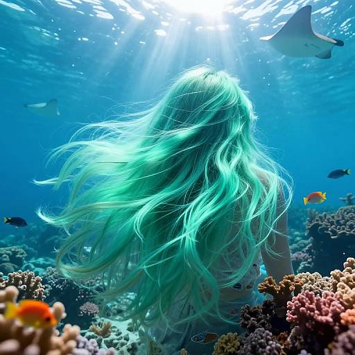 Photograph of a woman with long, flowing turquoise hair, facing away, swimming underwater surrounded by coral reefs and colorful fish. Sunlight beams from above