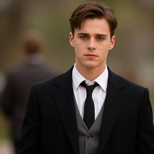 Photograph of a young Caucasian man with short brown hair, wearing a black suit, white shirt, and black tie, standing outdoors with a blurred background