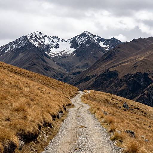 Photograph of a winding gravel path through brown grassy hills, leading to snow-capped, rugged mountains under a cloudy sky.