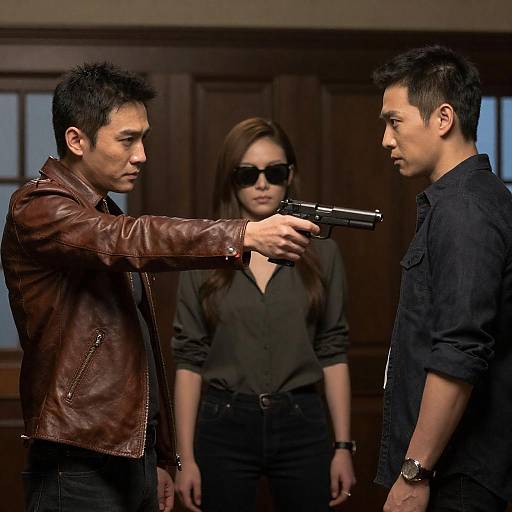 Three-Person Standoff in Dim Room