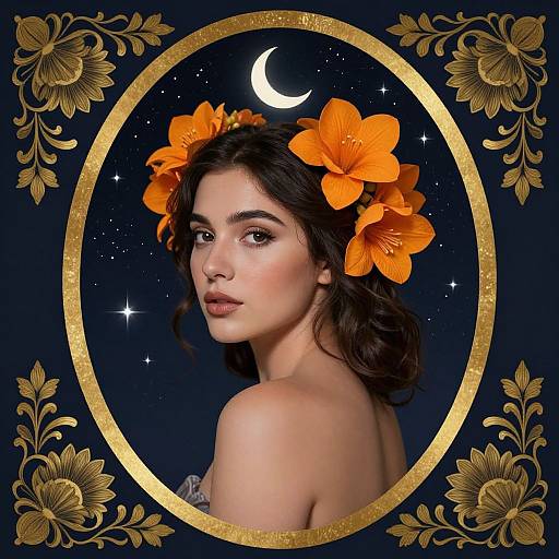 Digital portrait of a woman with orange flowers in her dark hair, framed by a golden oval with floral motifs, against a night sky with a crescent