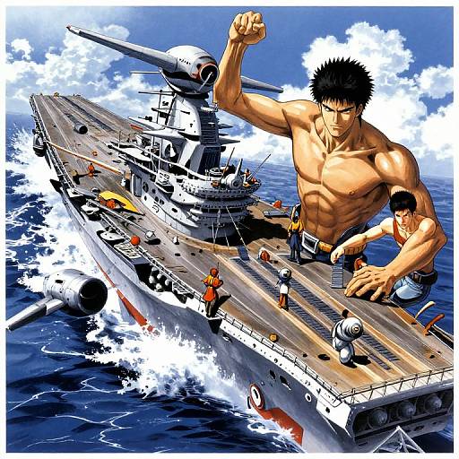 Muscular, shirtless anime man with black spiky hair leaps from massive battleship, fists raised, surrounded by ocean and clouds. Digital art,