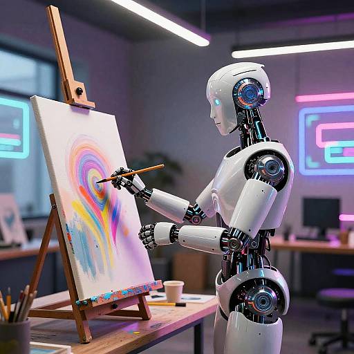 AI Robots Painting in Neon Studio