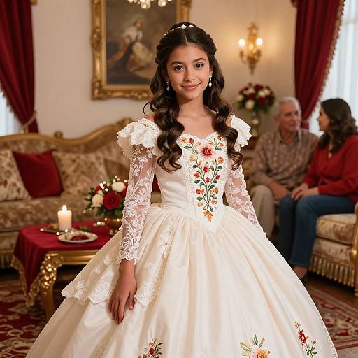 Photograph of an Indian woman with long, wavy black hair in a white lace and floral embroidered wedding dress, standing in an elegant, warmly lit