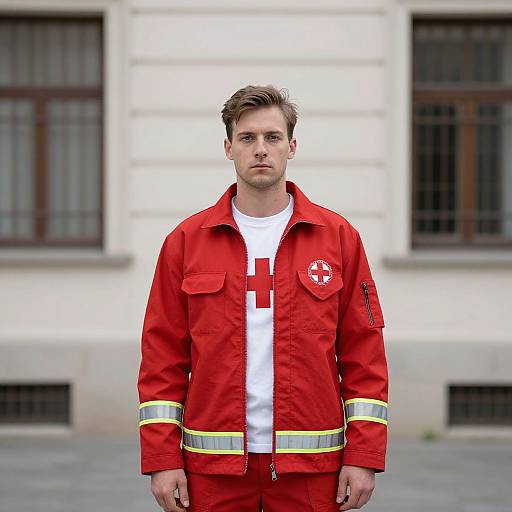 Photograph of a serious young man with short brown hair, wearing a red paramedic uniform with white and yellow stripes, standing in front of a blurred