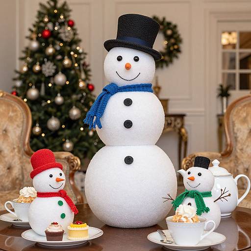 Photograph of three festive snowmen with black hats and scarves, one tall, two small, on a table with tea set, Christmas tree,