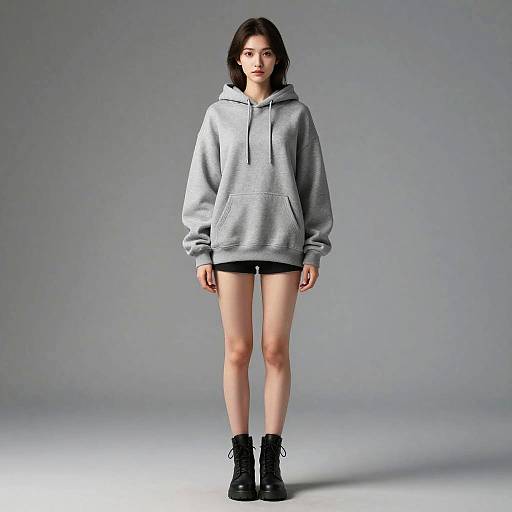Photograph of a young woman with fair skin and straight dark brown hair, wearing a grey hoodie, black shorts, and black boots, standing against a