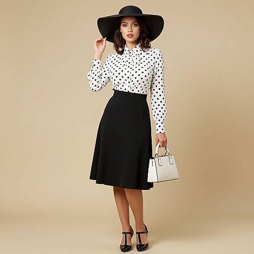 Photograph of a woman with fair skin, dark curly hair, wearing a black wide-brimmed hat, white polka-dot blouse, black A