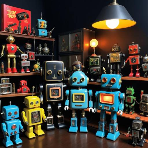 Vintage Toy Robots Collection in Dark Studio