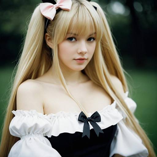 Woman in Chobits-inspired Costume with Blonde Pigtails