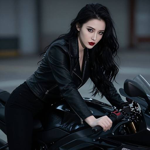 Photograph of pale-skinned woman with long black hair, red lipstick, wearing black leather jacket, leaning on black motorcycle in dimly lit industrial background