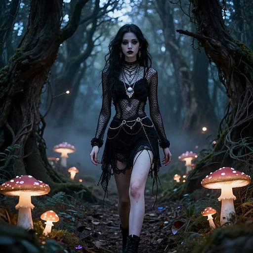 Photo of a gothic woman with pale skin, dark hair, wearing a black mesh dress and chains, walking through a mystical forest with glowing mushrooms and
