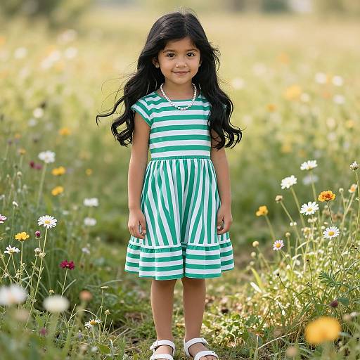 Photograph of a young South Asian girl with long black hair, wearing a green and white striped dress, standing in a sunlit meadow of d